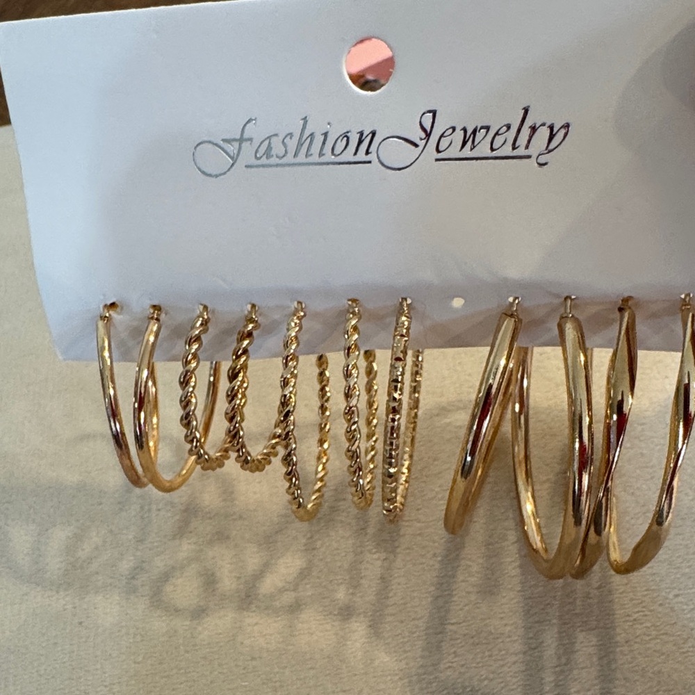 Fashion Jewelry Gold Textured Hoop 6 Earrings set